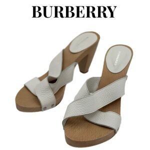 Burberry White Pebble Leather Crisscross Wooden Sandals | Size 39